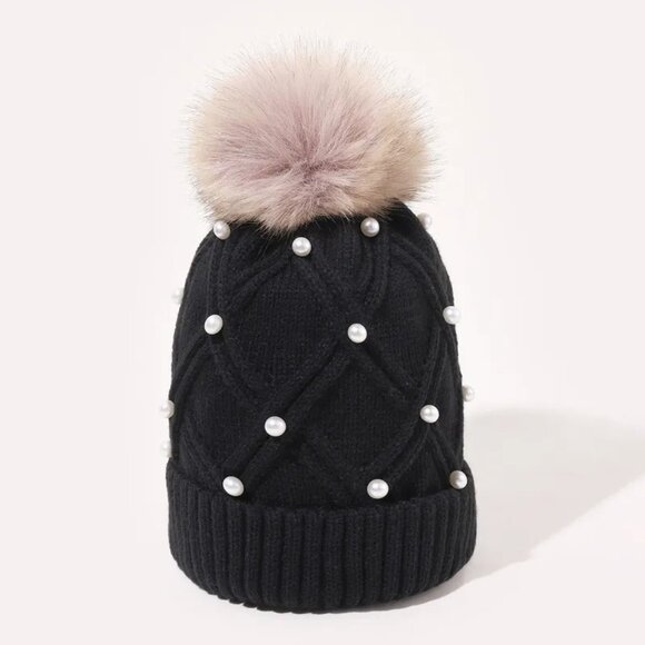 2/$30 Black Stylish Knit Beanie with Faux Fur Pom-Pom & Pearl Embellishments - Picture 1 of 4